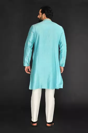 Blue Pure Chanderi Emb. Kurta With Off White Chudidar