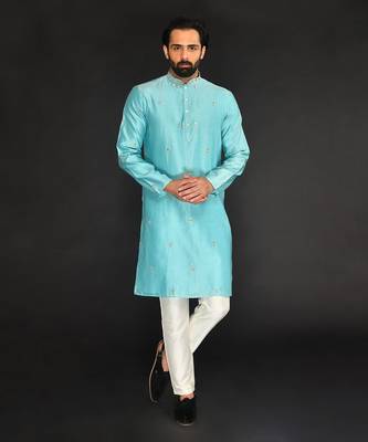 Blue Pure Chanderi Emb. Kurta With Off White Chudidar 1