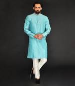 Blue Pure Chanderi Emb. Kurta With Off White Chudidar