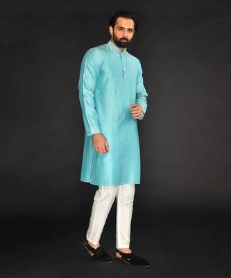 Blue Pure Chanderi Emb. Kurta With Off White Chudidar 3