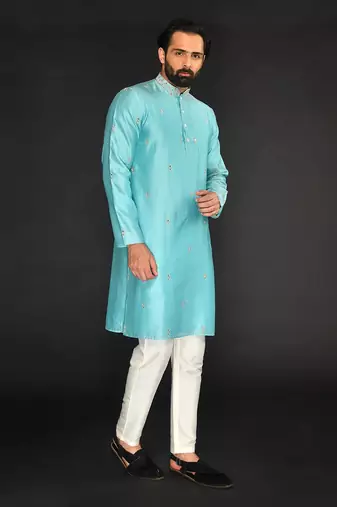 Blue Pure Chanderi Emb. Kurta With Off White Chudidar