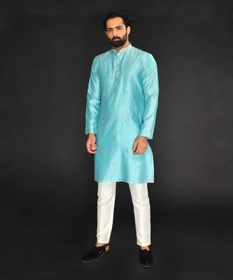 Blue Pure Chanderi Emb. Kurta With Off White Chudidar 4