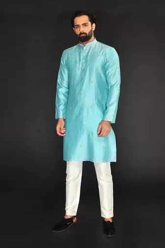 Blue Pure Chanderi Emb. Kurta With Off White Chudidar