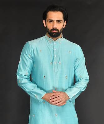 Blue Pure Chanderi Emb. Kurta With Off White Chudidar 5