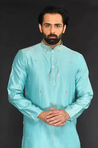 Blue Pure Chanderi Emb. Kurta With Off White Chudidar