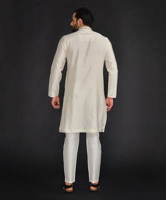 Beige Pure Chanderi Emb. Kurta With Off White Chudidar 2