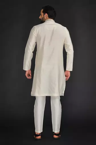 Beige Pure Chanderi Emb. Kurta With Off White Chudidar