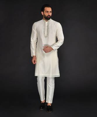 Beige Pure Chanderi Emb. Kurta With Off White Chudidar 1
