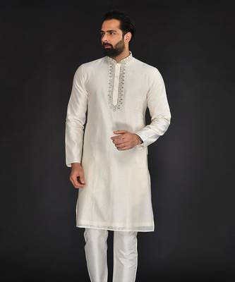 Beige Pure Chanderi Emb. Kurta With Off White Chudidar 3