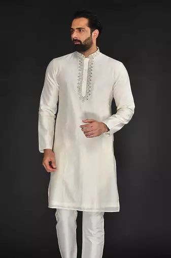 Beige Pure Chanderi Emb. Kurta With Off White Chudidar