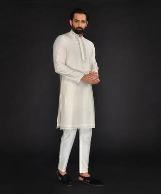 Beige Pure Chanderi Emb. Kurta With Off White Chudidar 4