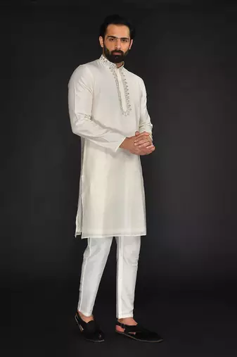 Beige Pure Chanderi Emb. Kurta With Off White Chudidar
