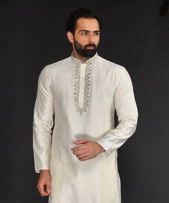 Beige Pure Chanderi Emb. Kurta With Off White Chudidar 5