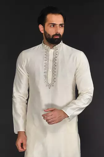 Beige Pure Chanderi Emb. Kurta With Off White Chudidar