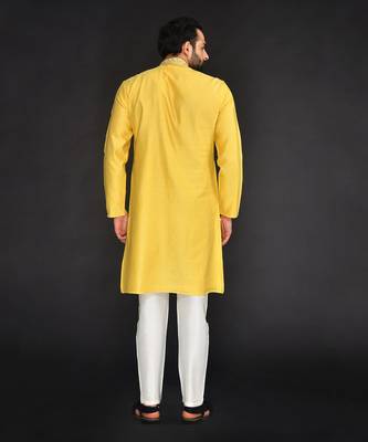 Yellow Pure Chanderi Emb. Kurta With Off White Chudidar 2