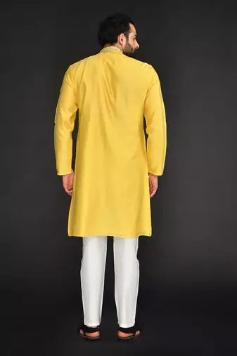 Yellow Pure Chanderi Emb. Kurta With Off White Chudidar