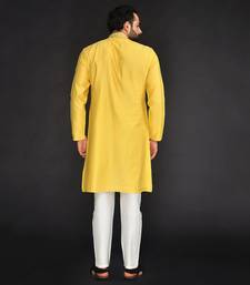 Yellow Pure Chanderi Emb. Kurta With Off White Chudidar