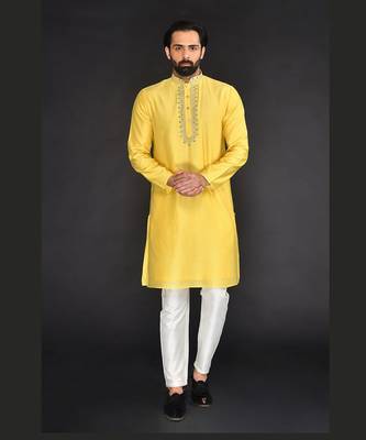 Yellow Pure Chanderi Emb. Kurta With Off White Chudidar 1