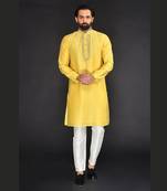 Yellow Pure Chanderi Emb. Kurta With Off White Chudidar