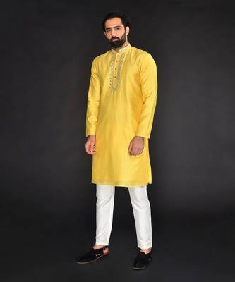 Yellow Pure Chanderi Emb. Kurta With Off White Chudidar 3
