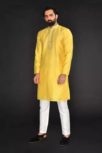 Yellow Pure Chanderi Emb. Kurta With Off White Chudidar