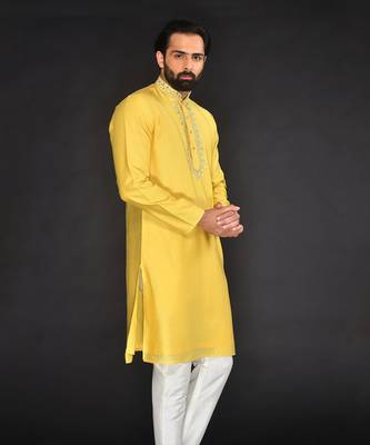 Yellow Pure Chanderi Emb. Kurta With Off White Chudidar 4