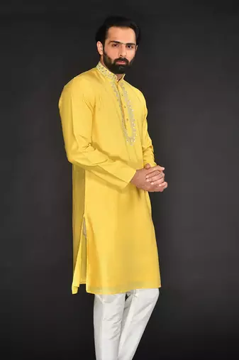 Yellow Pure Chanderi Emb. Kurta With Off White Chudidar