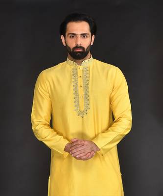 Yellow Pure Chanderi Emb. Kurta With Off White Chudidar 5