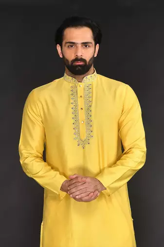 Yellow Pure Chanderi Emb. Kurta With Off White Chudidar
