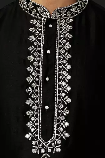 Yellow Pure Chanderi Emb. Kurta With Off White Chudidar