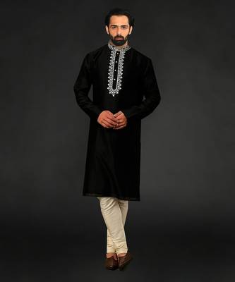 Yellow Pure Chanderi Emb. Kurta With Off White Chudidar 1