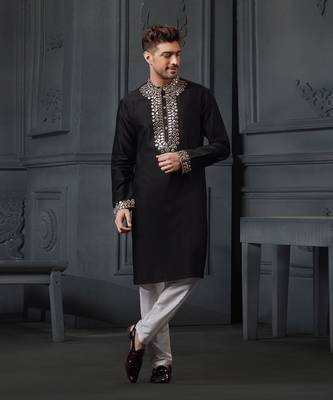 Black Pure Chanderi Emb. Kurta With Off White Chudidar 1