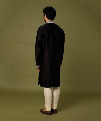 Black Pure Chanderi Emb. Kurta With Off White Chudidar 2