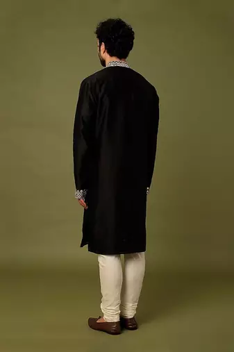 Black Pure Chanderi Emb. Kurta With Off White Chudidar