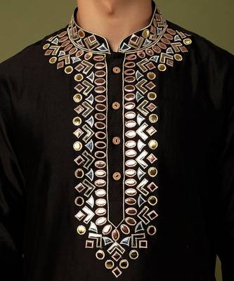 Black Pure Chanderi Emb. Kurta With Off White Chudidar 3