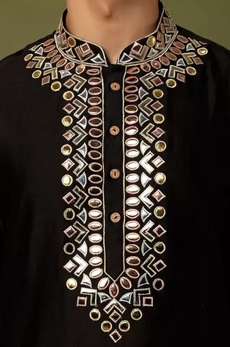 Black Pure Chanderi Emb. Kurta With Off White Chudidar