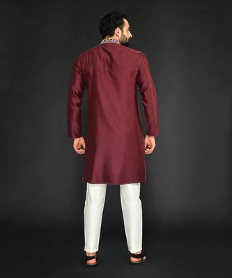 Red Pure Chanderi Emb. Kurta With Off White Chudidar 2