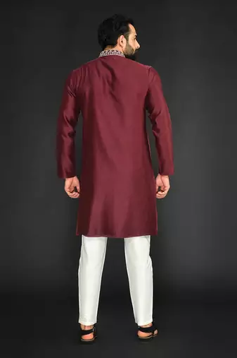 Red Pure Chanderi Emb. Kurta With Off White Chudidar