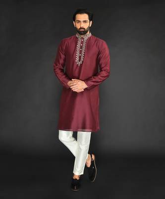 Red Pure Chanderi Emb. Kurta With Off White Chudidar 1