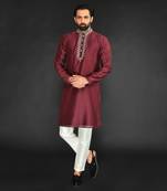 Red Pure Chanderi Emb. Kurta With Off White Chudidar