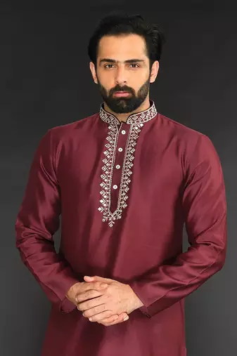Red Pure Chanderi Emb. Kurta With Off White Chudidar