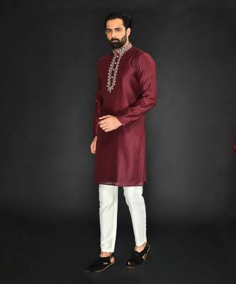 Red Pure Chanderi Emb. Kurta With Off White Chudidar 4