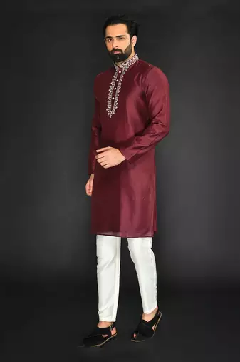 Red Pure Chanderi Emb. Kurta With Off White Chudidar