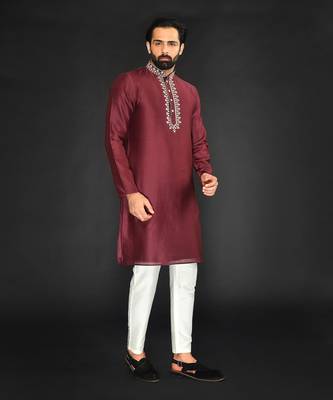 Red Pure Chanderi Emb. Kurta With Off White Chudidar 5