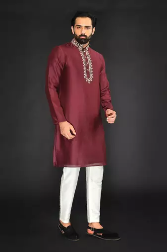 Red Pure Chanderi Emb. Kurta With Off White Chudidar