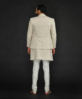 Blazer With Long Bundi And Kurta With Saddle Stitch On Lapel Paired With Flax Churidar 2