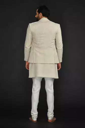Blazer With Long Bundi And Kurta With Saddle Stitch On Lapel Paired With Flax Churidar