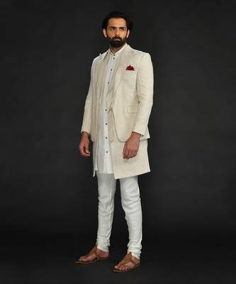 Blazer With Long Bundi And Kurta With Saddle Stitch On Lapel Paired With Flax Churidar 3