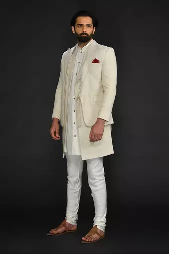 Blazer With Long Bundi And Kurta With Saddle Stitch On Lapel Paired With Flax Churidar