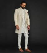 Blazer With Long Bundi And Kurta With Saddle Stitch On Lapel Paired With Flax Churidar